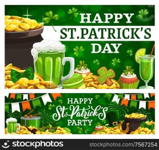 Happy Patricks day invitation to party on green. Vector pot of gold coins, mug of green ale beer, cocktail with straw, gingerbread cookies, shamrock. Leprechauns smoking pipe, hat and bow, drum. Patricks day Irish holiday, treasures and drinks