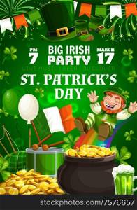 Happy Patricks day, Irish holiday party celebration. Vector leprechaun on rainbow, shamrock clover and fireworks, St Patrick day Ireland flag and Irish bagpipes, beer pint and gold coins. St Patricks party, Irish leprechaun, Ireland flag