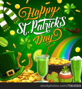 Happy Patricks day shamrock clover, leprechaun hat, gold coins in cauldron. Vector Irish holiday of Saint Patrick, smoking pipe and cake, green ale beer pint, scarf, rainbow and golden horseshoe. Happy Patricks day, Irish green beer, shamrock