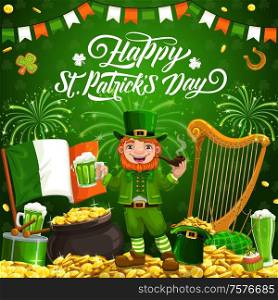 Happy Patricks day smiling leprechaun in green suit drinking a beer and smoking pipe. Vector harp and Irish flag, horseshoe, hat of golden coins, drum and fireworks, bagpipe and cookies. Patricks day leprechaun, gold and Irish flag