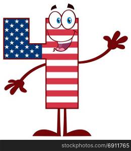 Happy Patriotic Number Four In American Flag Cartoon Mascot Character Waving For Greeting. Illustration Isolated On White Background