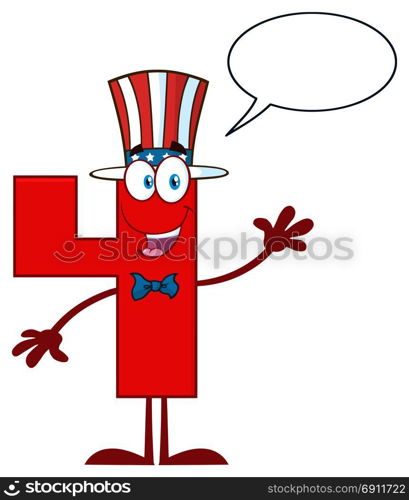 Happy Patriotic Red Number Four Cartoon Mascot Character Wearing A USA Hat Waving. Illustration Isolated On White Background With Speech Bubble