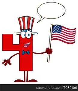 Happy Patriotic Red Number Four Cartoon Mascot Character Wearing A USA Hat Waving. Illustration Isolated On White Background With Speech Bubble