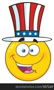 Happy Patriotic Yellow Cartoon Emoji Face Character Wearing A USA Hat. Illustration Isolated On White Background