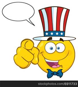 Happy Patriotic Yellow Cartoon Emoji Face Character Wearing A USA Hat And Pointing. Illustration Isolated On White Background With Speech Bubble