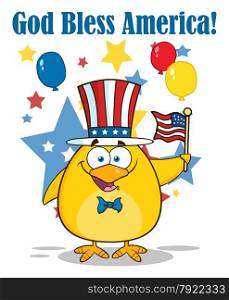 Happy Patriotic Yellow Chick Cartoon Character Waving An American Flag On Independence Day