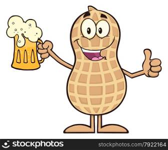 Happy Peanut Cartoon Character Holding A Beer And Thumb Up