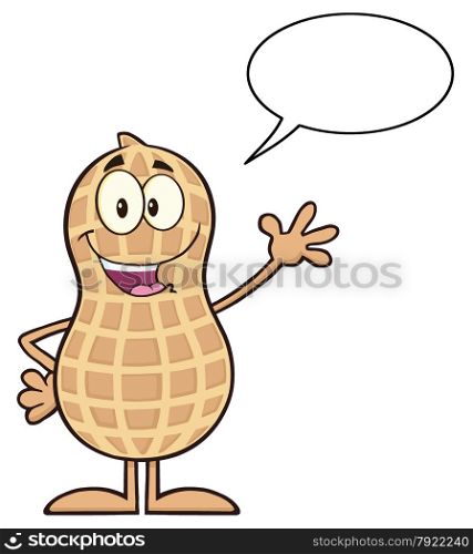 Happy Peanut Cartoon Character Waving. Illustration Isolated On White With Speech Bubble