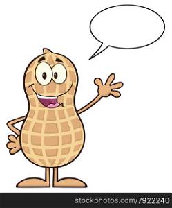 Happy Peanut Cartoon Character Waving. Illustration Isolated On White With Speech Bubble