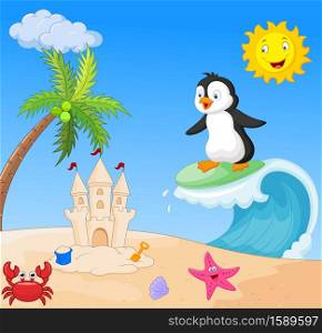 Happy penguin cartoon surfing