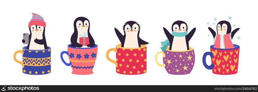 Happy penguins in cup. Christmas penguin, new year stickers. Cartoon winter animal greetings vector set. Illustration of christmas penguin collection, merry xmas happy. Happy penguins in cup. Christmas penguin, new year stickers. Cartoon winter animal greetings vector set