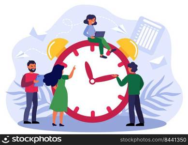 Happy people adjusting alarm clock. Effective business team with gadgets working at chronometer, Vector illustration for time management, countdown, schedule, planning concept