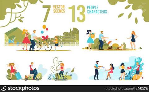 Happy People and Families Characters Scenes Flat Set. Parents and Child, Married Couples and Friends, Pet Owners. Men and Women Scooting, Rushing with Luggage, Snacking in Cafe. Vector Illustration. Happy People and Families Characters Scenes Set