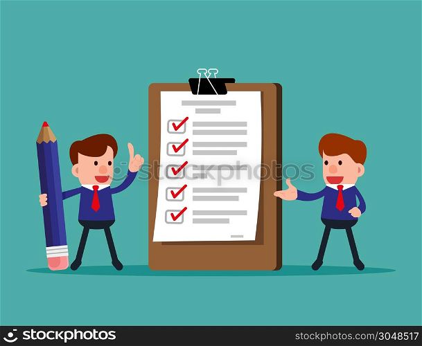 Happy people. Business team and completed checklist. Concept business vector illustration.