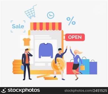 Happy people buying clothes in online shop. Purchase, shop, sale concept. Vector illustration can be used for topics like business, shopping, marketing. Happy people buying clothes in online shop