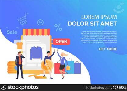 Happy people buying clothes in online shop with sample text. Purchase, shop, sale concept. Presentation slide template. Vector illustration can be used for topics like business, shopping, marketing. Happy people buying clothes in online shop with sample text