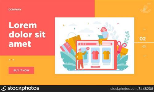 Happy people buying clothes online. T-shirt, percent, customer flat vector illustration. E-commerce and digital technology concept for banner, website design or landing web page