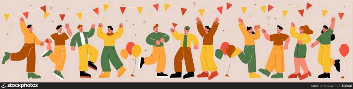 Happy people celebrate party. Group of cheerful men and women dance and rejoice on festive event with balloons and confetti. Business team corporate holiday, birthday Line art flat vector illustration. Happy people celebrate party corporate fun holiday