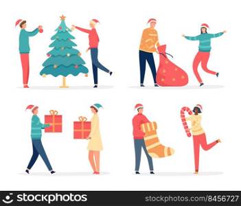 Happy people celebrating christmas scenes. Male and female characters decorating fir tree with xmas toys, unpacking bag with presents, giving gift boxes and winter holiday accessories vector. Christmas people celebrating christmas near decorated tree. Female and male characters jumping and opening bag with gifts. Cartoon happy couple with Santa hats under confetti vector