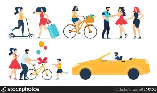 Happy People Character Sparetime Activities Set. Family Giving Bicycle as Gift to Son, Women Shopping, Riding Scooter, Cycling, Travelling. Man Driving Car. Female Friends Meeting. Vector Illustration. Happy People Sparetime Activities Cartoon Set