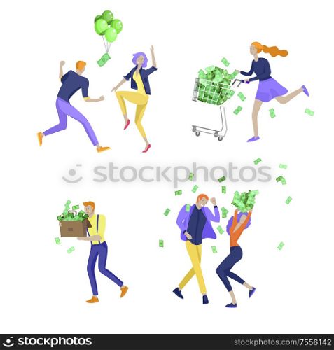 Happy people characters in move celebrating victory. Business team standing under money rain, run with profit, catch bills. Cartoon style, flat vector illustration. Business people celebrating victory. Business team standing under money rain. Cartoon style, flat vector illustration isolated on white.