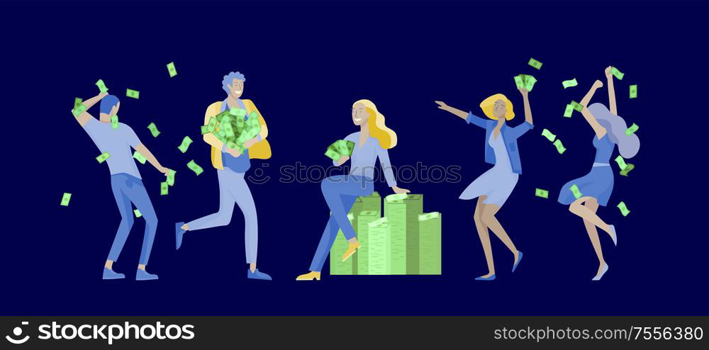 Happy people characters in move celebrating victory. Business team standing under money rain, run with profit, catch bills. Cartoon style, flat vector illustration. Business people celebrating victory. Business team standing under money rain. Cartoon style, flat vector illustration isolated on white.