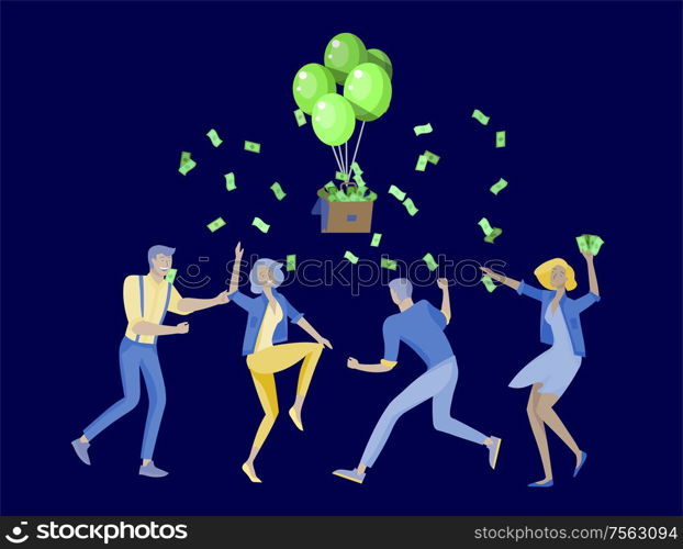 Happy people characters in move celebrating victory. Business team standing under money rain, run with profit, catch bills. Cartoon style, flat vector illustration. Business people celebrating victory. Business team standing under money rain. Cartoon style, flat vector illustration isolated on white.