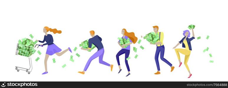 Happy people characters in move celebrating victory. Business team standing under money rain, run with profit, catch bills. Cartoon style, flat vector illustration. Business people celebrating victory. Business team standing under money rain. Cartoon style, flat vector illustration isolated on white.