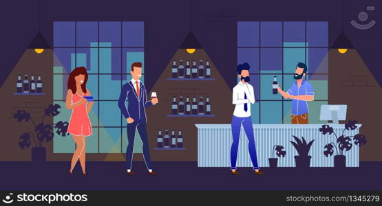 Happy People Characters Rest at Nightclub. Men and Women Visiting Night Bar Cartoon. Smiling Bartender Offering Male Visitor Best Drink. Relaxation after Work. Party Time. Vector Flat Illustration. Happy People Characters at Night Club Bar Cartoon