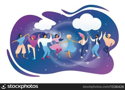 Happy People Clubbing and Dancing Disco at Night Club Stage DJ Music Party. Men and Women Characters Dance at Nightclub, Nightlife Event on Scene under Disco Lights. Cartoon Flat Vector Illustration. Happy People Clubbing and Dancing at Night Club