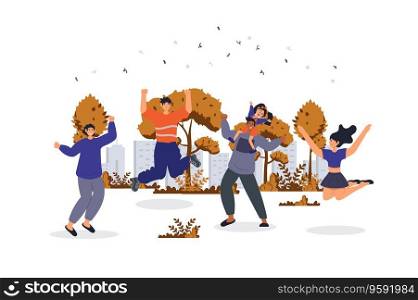 Happy people concept with character scene for web. Women and men jumping, celebrating victory and expressing happiness. People situation in flat design. Vector illustration for marketing material.