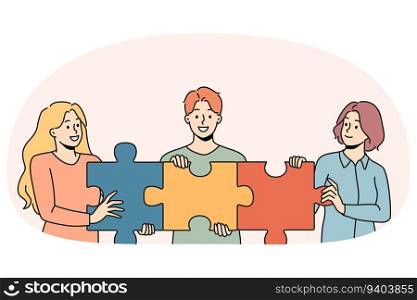 Happy people connect jigsaw puzzle together show shared business goal and motivation. Employees demonstrate cooperation and teamwork. Vector illustration.. Happy employees connect jigsaw puzzles