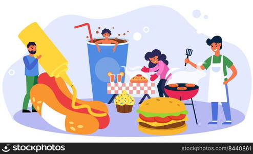 Happy people cooking sweet and fast food. Bakery, cheeseburger, soda flat vector illustration. Unhealthy diet, snack, cafe, restaurant concept for banner, website design or landing web page