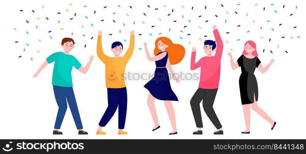 Happy people dancing at party together flat vector illustration. Cartoon excited friends or coworkers celebrating with confetti. Achievement and celebration concept