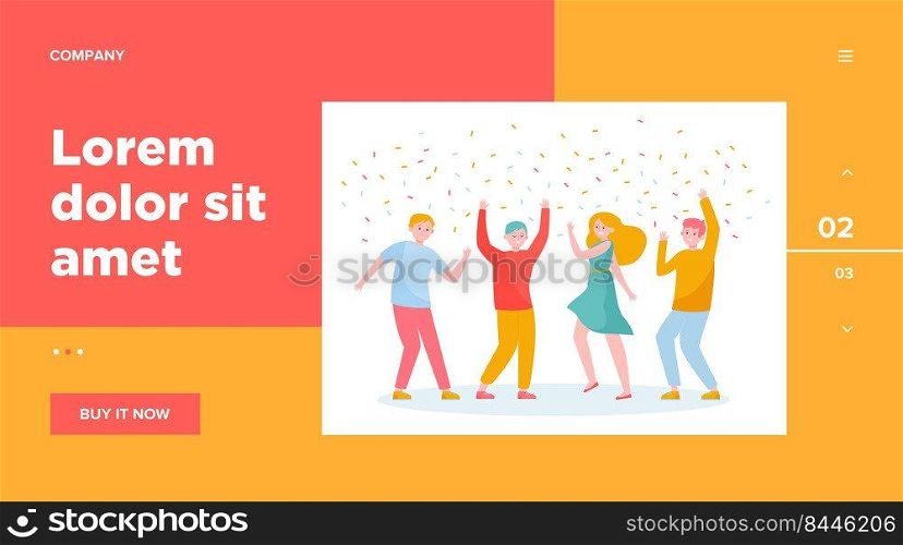 Happy people dancing at party together flat vector illustration. Cartoon excited friends or coworkers celebrating with confetti. Achievement and celebration concept
