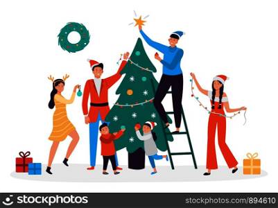 Happy people decorating christmas tree. Family preparing for New Year, 2020 xmas holiday party. People decorate home, holiday house celebration greeting postcard vector illustration. Happy people decorating christmas tree. Family preparing for New Year, 2020 xmas holiday party vector illustration