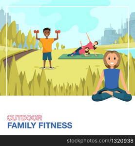 Happy People Doing Fitness Outdoors in City. Outdoor Family Fitness, Urban Landscape. Smiling Women and Children at Fitness Workout Outdoor City Park. Panorama Silhouettes Building Metropolis