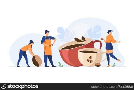 Happy people drinking black coffee. Barista making espresso among cups and beans for coffee shop customer. Flat vector illustration for beverage, morning, coffee concept