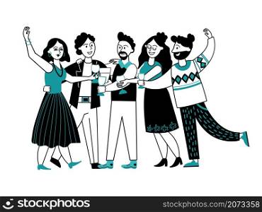 Happy people drinking. Friends party, cocktail drinks in people hands. Students friendship, cartoon persons glasses decent vector concept. Illustration party cocktail drink, celebration birthday. Happy people drinking. Friends party, cocktail drinks in people hands. Students friendship, cartoon persons clinking glasses decent vector concept