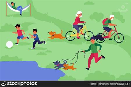 Happy people enjoying outdoor activities. Children, old couple, people walking dog flat vector illustration. Active lifestyle, leisure concept for banner, website design or landing web page