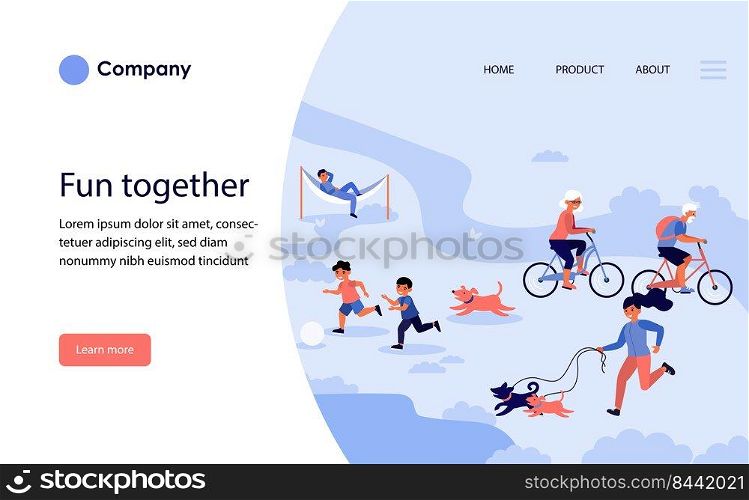 Happy people enjoying outdoor activities. Children, old couple, people walking dog flat vector illustration. Active lifestyle, leisure concept for banner, website design or landing web page