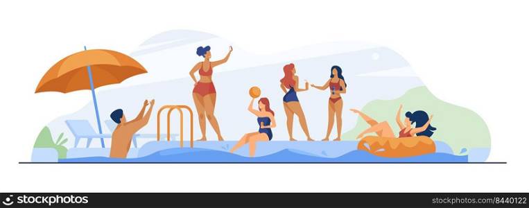 Happy people enjoying swimming pool party. Men and women in swimwear playing ball, floating with inflatable donut, drinking cocktails. Vector illustration for summer, vacation, leisure concept