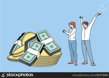 Happy people feel excited euphoric with money dividend from good successful investment. Smiling workers satisfied with salary or wage increase. Financial win or victory. Finance. Vector illustration. . Happy people euphoric with money dividend