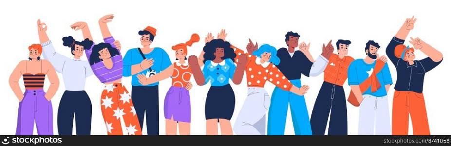 Happy people friends, employee team cheerful emotions. Male and female characters in positive mood, rejoice, celebrate victory or success. Posing men and women in row, Linear flat vector illustration. Happy people friends, employees cheerful emotions