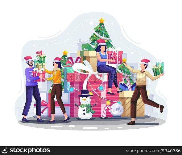 Happy people give each other Christmas gifts with huge gifts and Christmas tree decorations to celebrate Christmas and new year. vector illustration