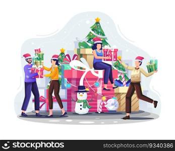 Happy people give each other Christmas gifts with huge gifts and Christmas tree decorations to celebrate Christmas and new year. vector illustration
