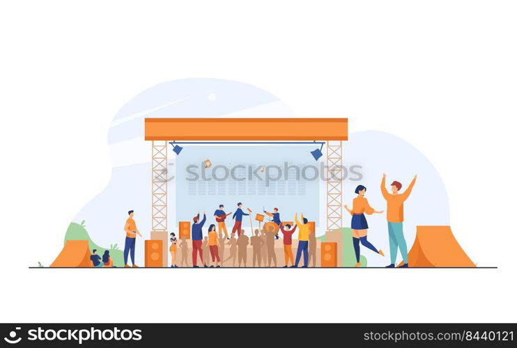 Happy people having fun at rock concert flat vector illustration. Open festival at fresh air. Musicians playing music at park. Lifestyle, music and entertainment concept.