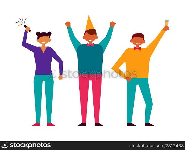 Happy people having fun on birthday party, woman with flapper, man in fest hat with hands up and with glass of champagne greets everyone birthday. Birthday Party Set of People Having Fun Celebrate