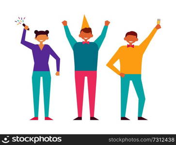 Happy people having fun on birthday party, woman with flapper, man in fest hat with hands up and with glass of champagne greets everyone birthday. Birthday Party Set of People Having Fun Celebrate