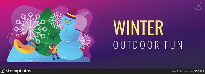 Happy people having fun outdoor in winter sledding and making snowman. Winter outdoor fun, building a snowman, snowball fight and sledding concept.Header or footer banner template with copy space.. Winter outdoor fun concept banner header.